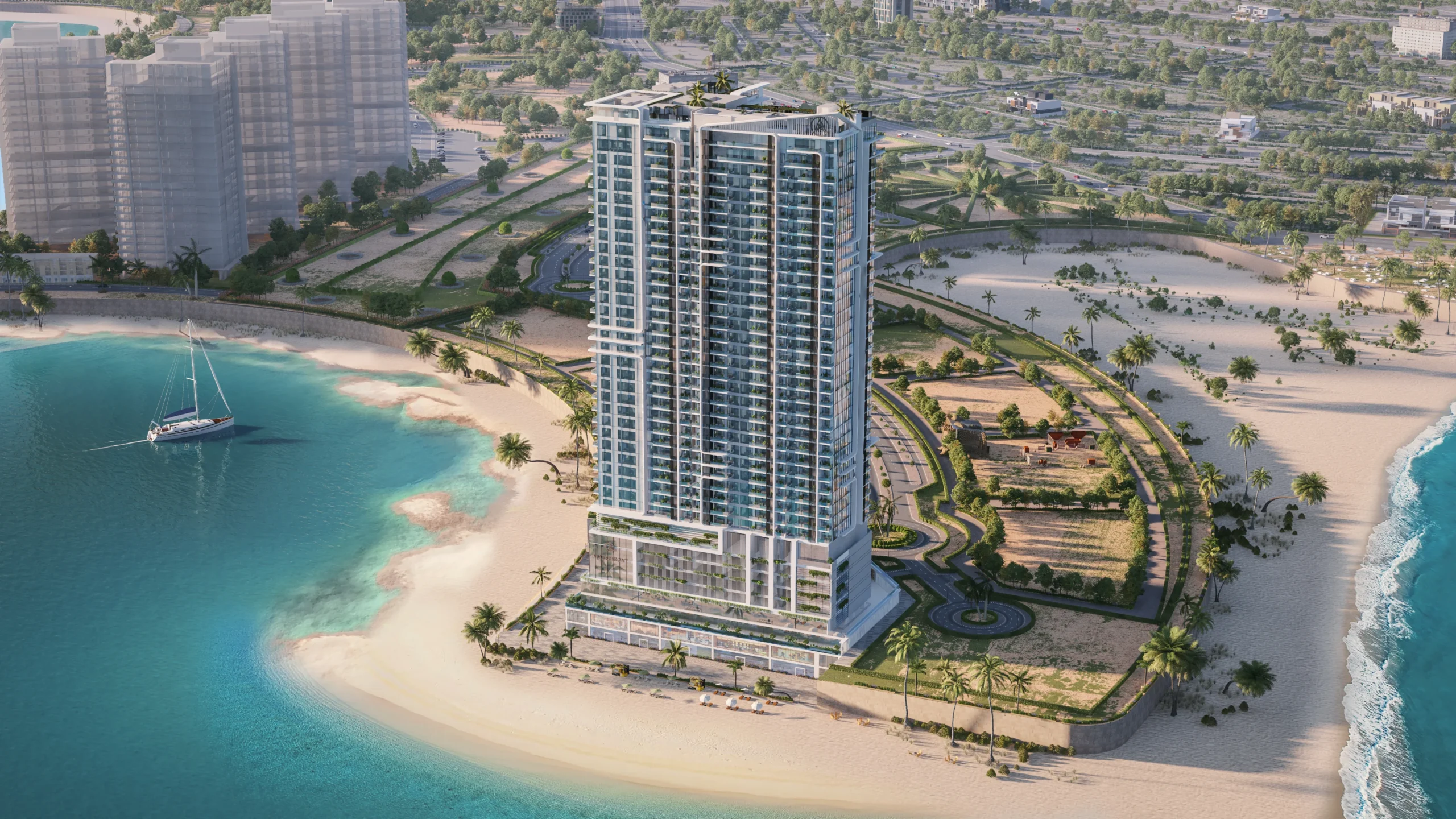 HMR Waterfront towers on the crescent shoreline of DHA Phase 8, Karachi (developer render)