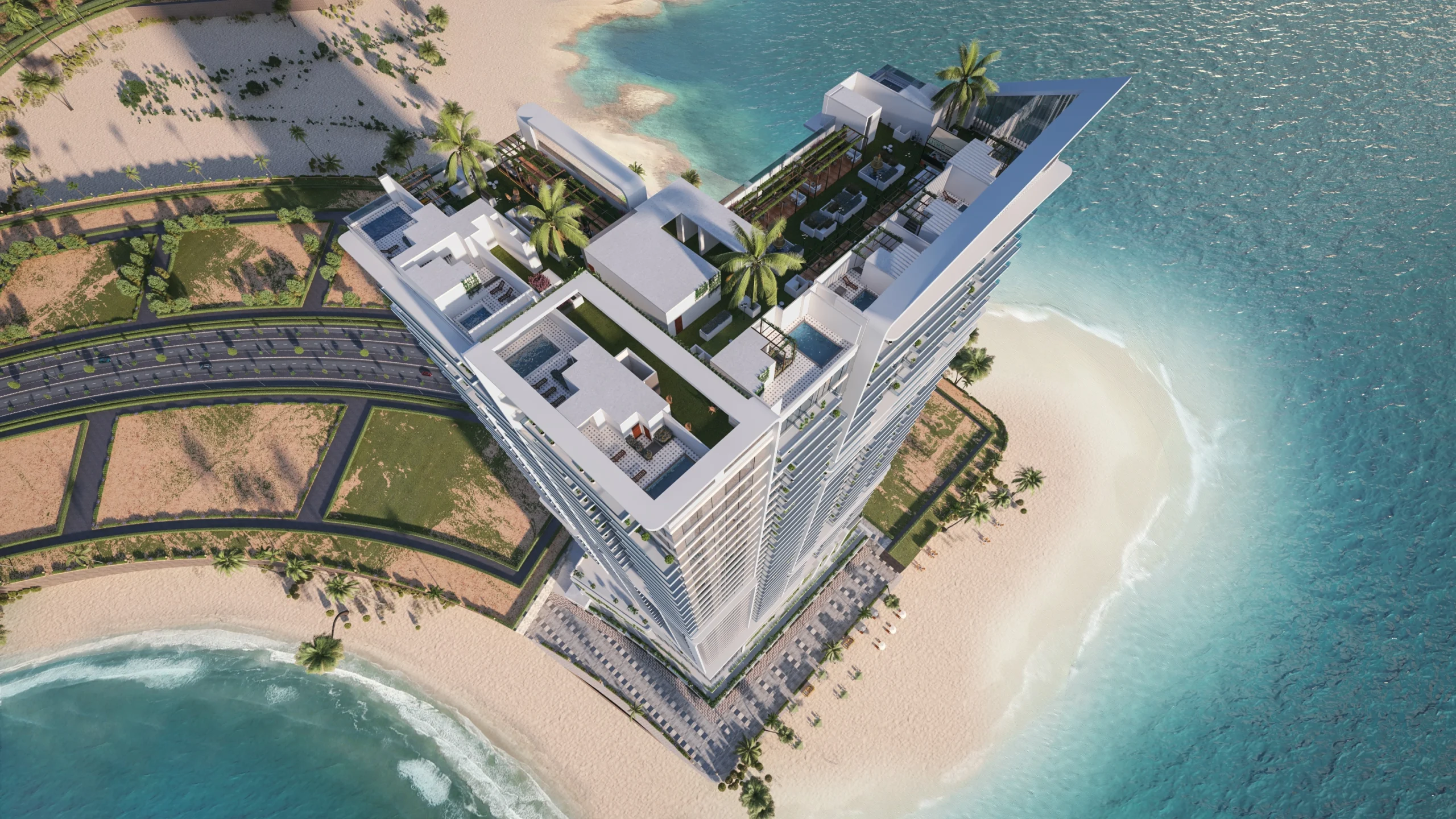 Aerial render of an HMR Waterfront tower and beach (developer render)