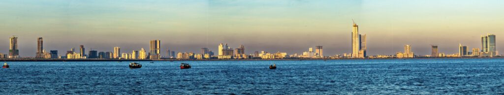 Karachi's coastal skyline seen from the Arabian Sea in September 2025